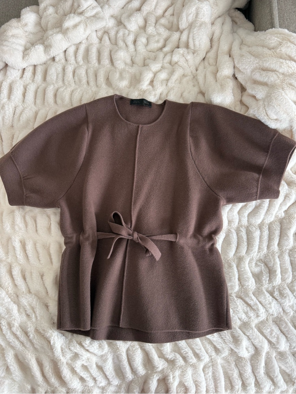 Zara Brown Short-Sleeve Tie-Waist Sweater